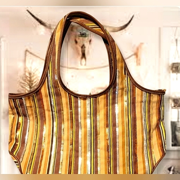 STRIPED LARGE TOTE SHOPPING BAG UNIQUE HAND MADE WITH SEQUINS ACCENT NWOT - Picture 1 of 11